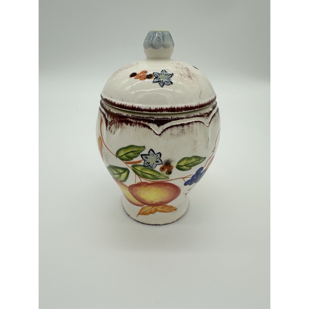 W‎ CL Ceramic Fruit Canister Jar Lid Hand Painted Grapes Pear Apple White 8in